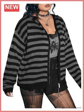 Plus Size Striped Hooded Cardigan Sweater with Zipper
